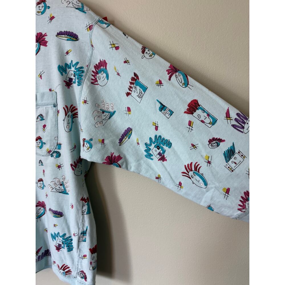 Vintage 80s Blue Robot Space Print 3/4 Sleeve Top Shirt M - Picture 4 of 8